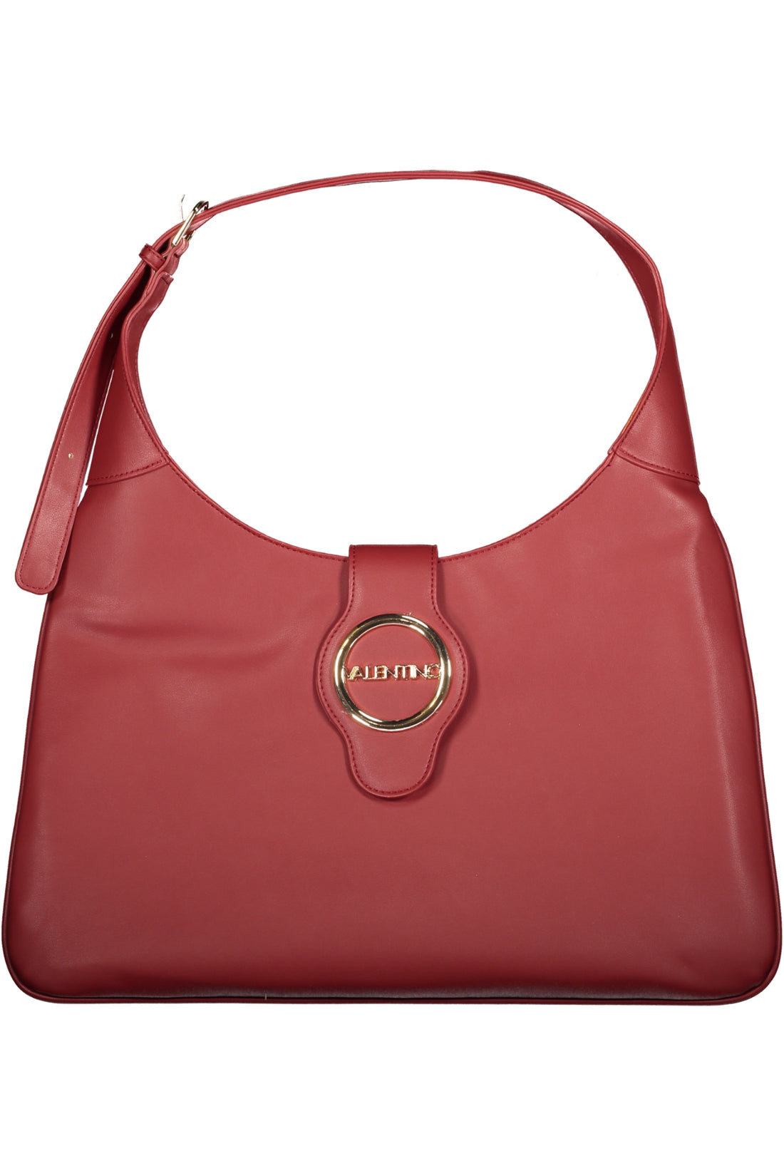 Red handbag with a sleek design, shoulder strap, and a gold circular clasp with a logo.