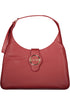 Red handbag with a sleek design, shoulder strap, and a gold circular clasp with a logo.