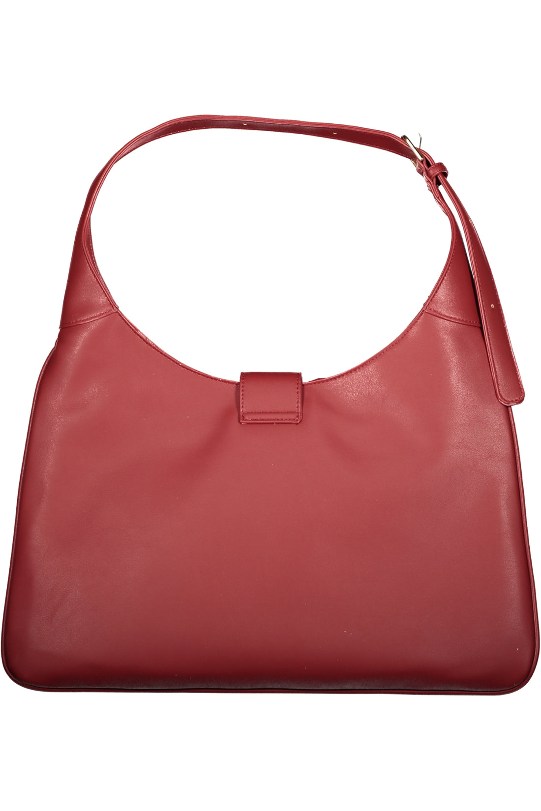Red leather handbag with a single strap and a smooth, rectangular body.