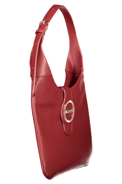 Red leather shoulder bag with a gold buckle and oval clasp.