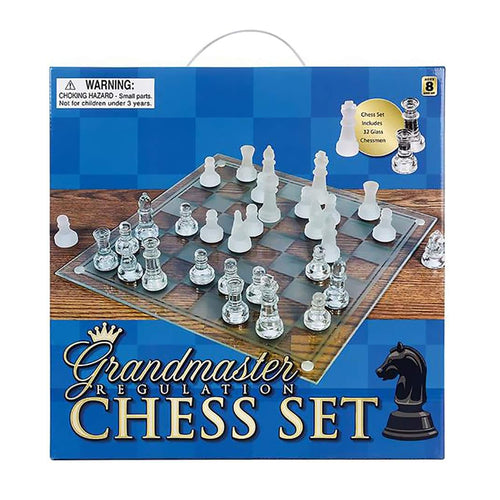 Chess set box with glass pieces on a board, blue and wood texture, "Grandmaster Chess Set" text.