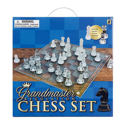 Chess set box with glass pieces on a board, blue and wood texture, "Grandmaster Chess Set" text.