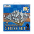 Chess set box with glass pieces on a board, blue and wood texture, "Grandmaster Chess Set" text.